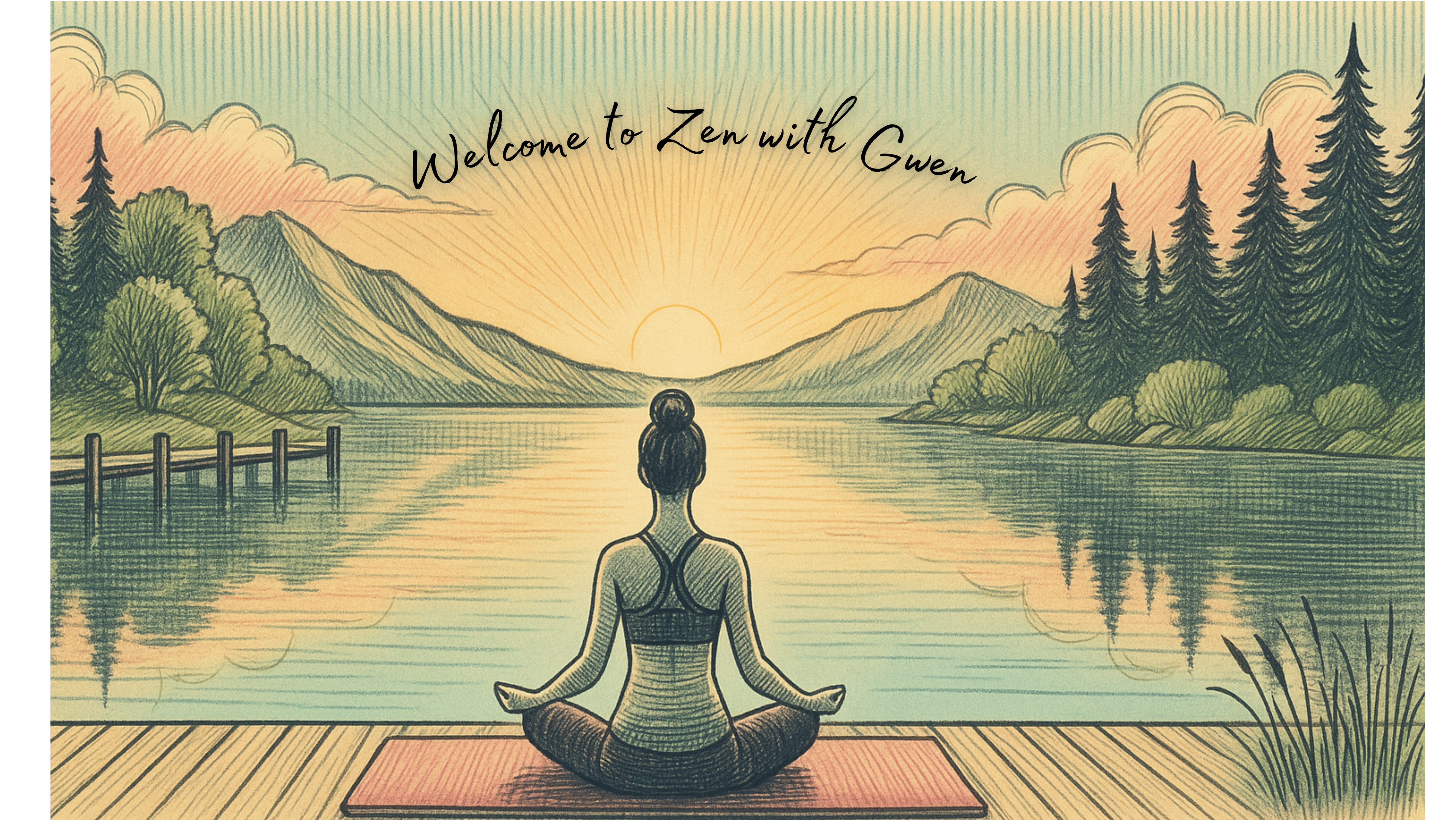 view of a woman from the back sitting on a dock as the sun rises over the lake. in the sky the words "welcome to zen with gwen" are visible